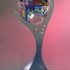 Product shot of Bovell Builders metal sculpture with Kathleen Wallace infusion glass against pink background light